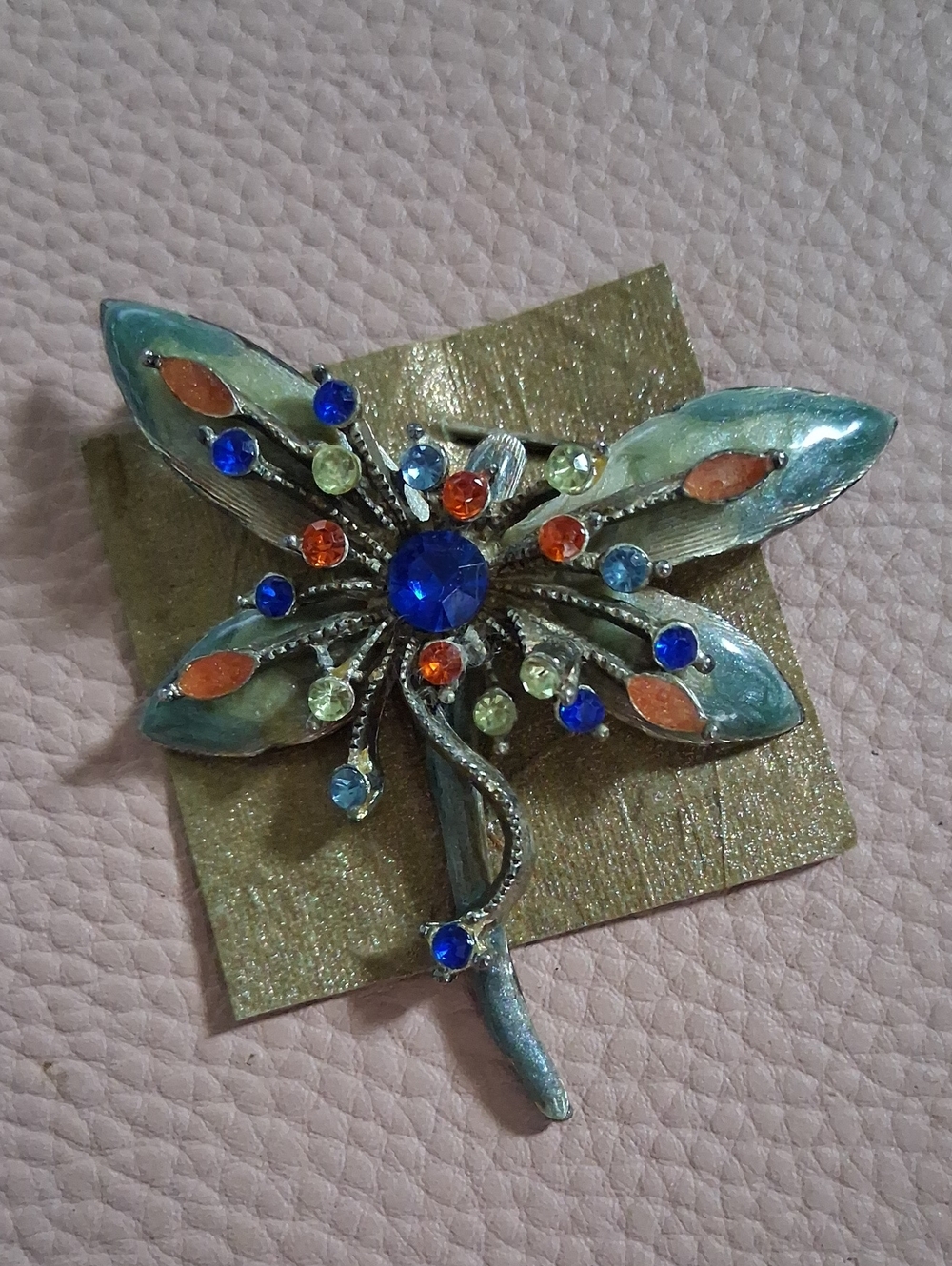 Floral Crystal Brooch Pin - Blue, Green & Orange
